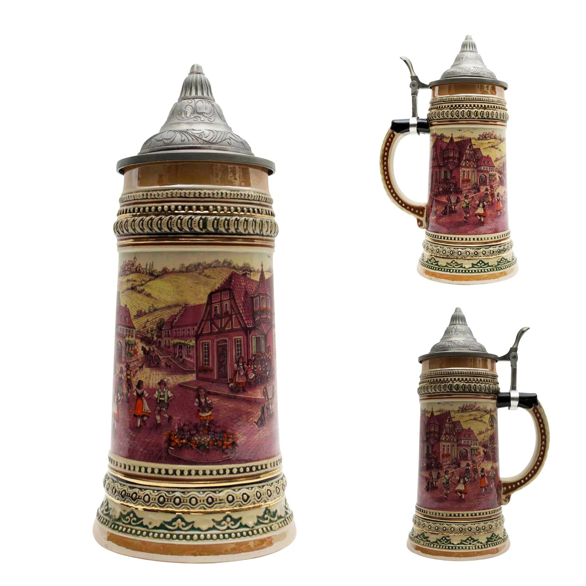 1 Liter German Village Dancers Beer Stein with Metal Lid