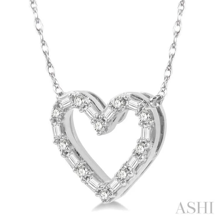 1/4 Ctw Heart Charm Baguette and Round Cut Diamond Necklace in 14K White Gold