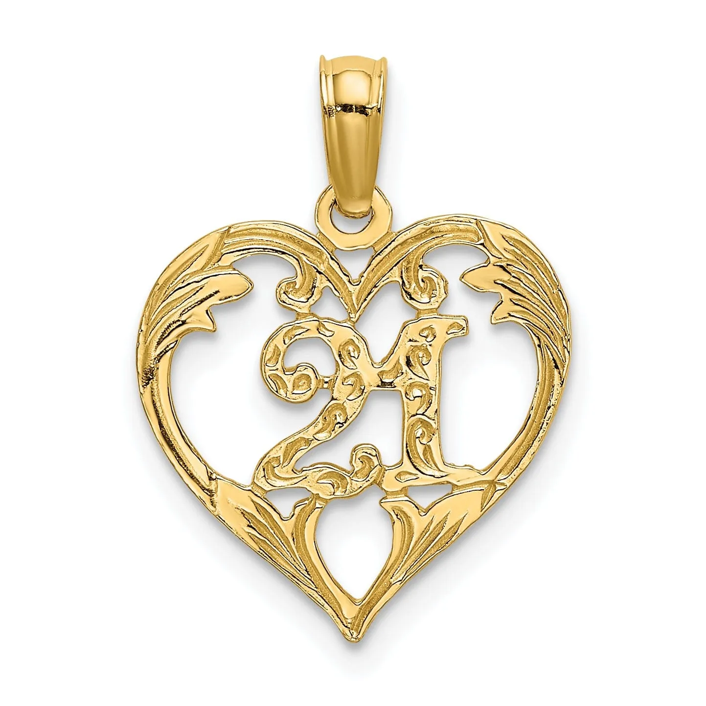 14K Yellow Gold Solid Polished Textured Finish Age 21 In Heart Shape Design Charm Pendant