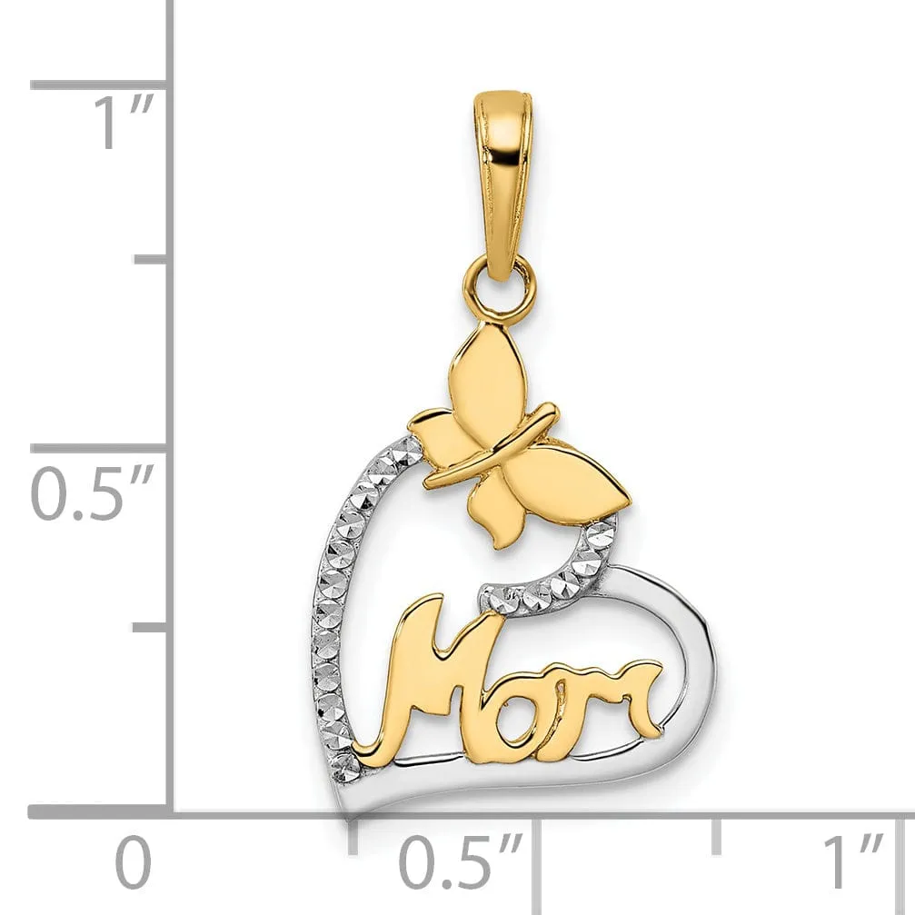 14K Yellow Gold, White Rhodium Diamond Cut Polished Finish Solid Butterfly Mom in Heart Design Charm Pendant