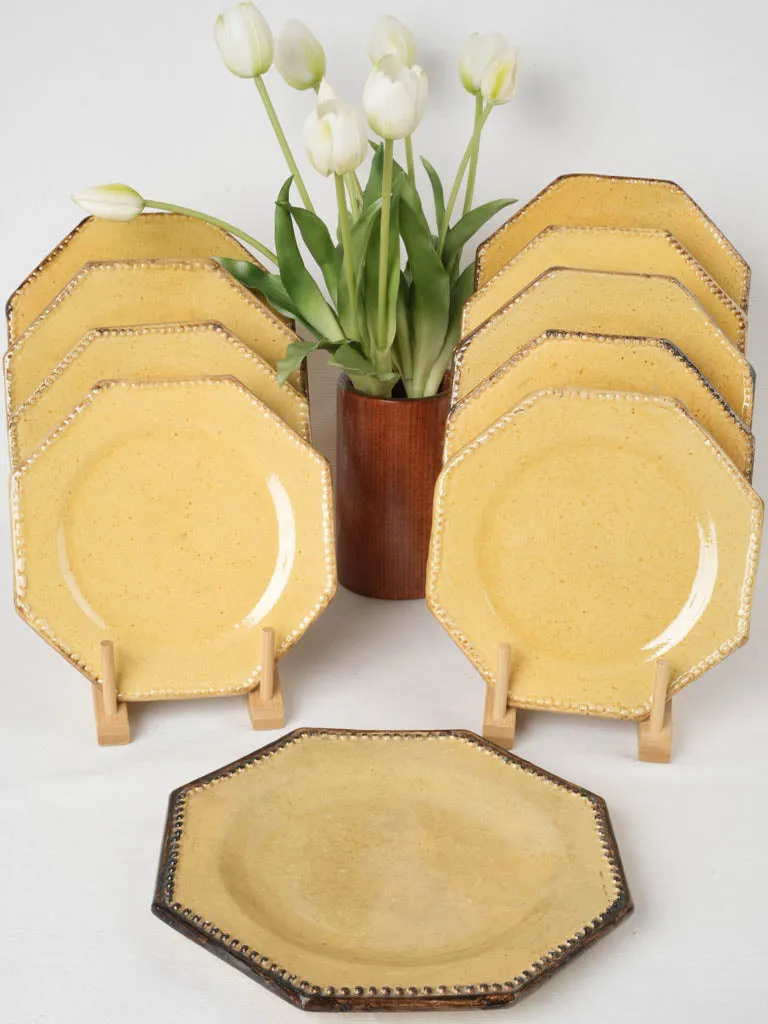 Antique Vallauris Octagonal Ceramic Dessert Service, Yellow 10-Piece Set 7"