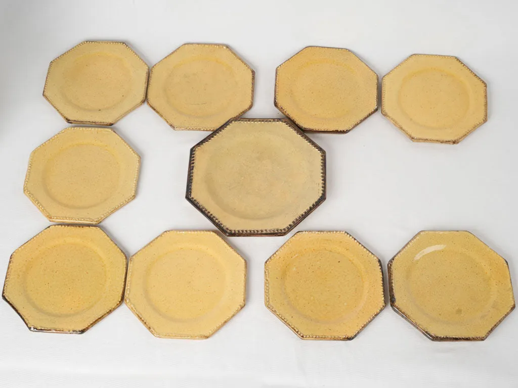 Antique Vallauris Octagonal Ceramic Dessert Service, Yellow 10-Piece Set 7"