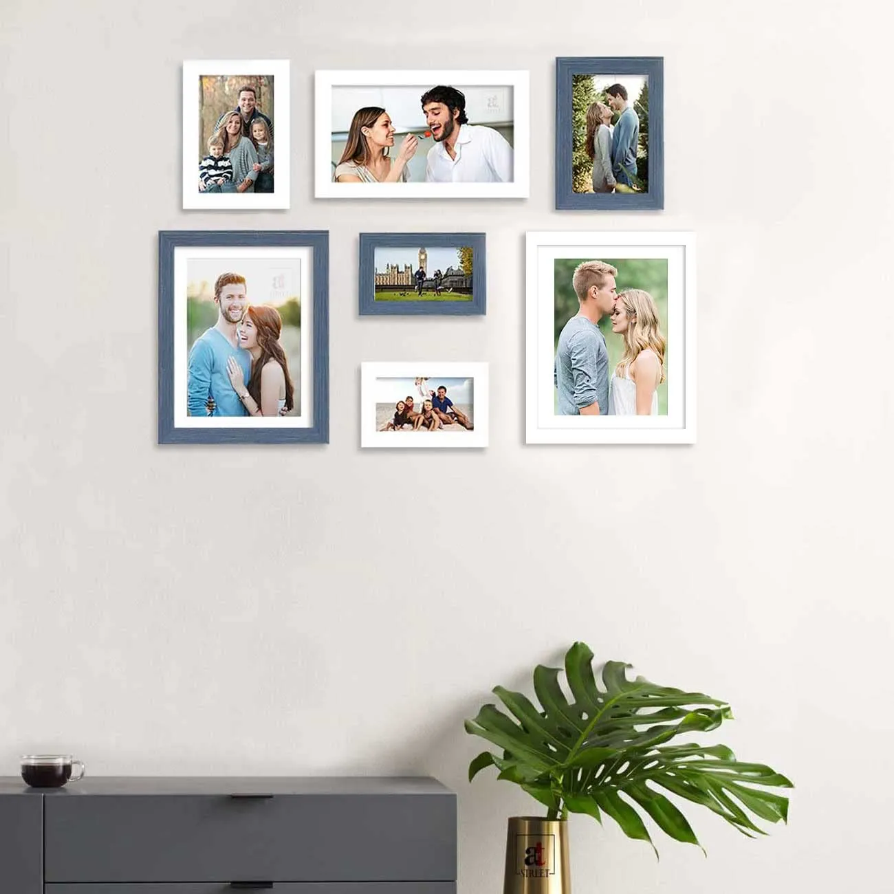 Art Street Set of 7 White & Blue Wall Photo Frame for Home Decor, Picture Frame for Living Room Wall Decoration Mix Size (White & Blue, 4x6, 5 x7, 8x10 Inchs)