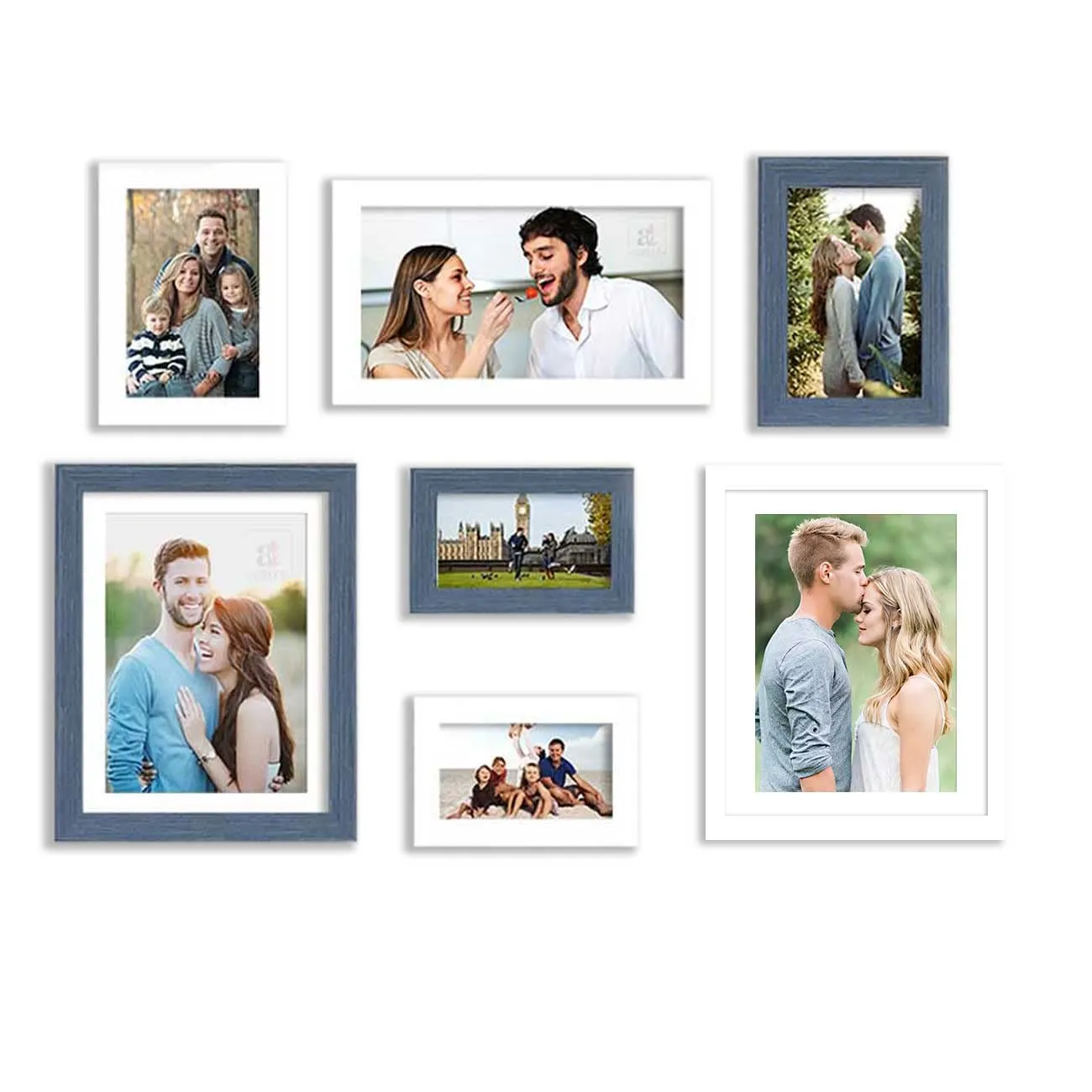 Art Street Set of 7 White & Blue Wall Photo Frame for Home Decor, Picture Frame for Living Room Wall Decoration Mix Size (White & Blue, 4x6, 5 x7, 8x10 Inchs)