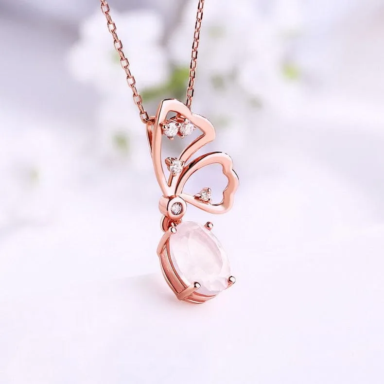 Butterfly Jewelry Sets Rose Quartz in Sterling SIlver, Rose Gold Plated Pink Beautiful