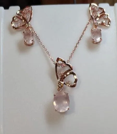 Butterfly Jewelry Sets Rose Quartz in Sterling SIlver, Rose Gold Plated Pink Beautiful