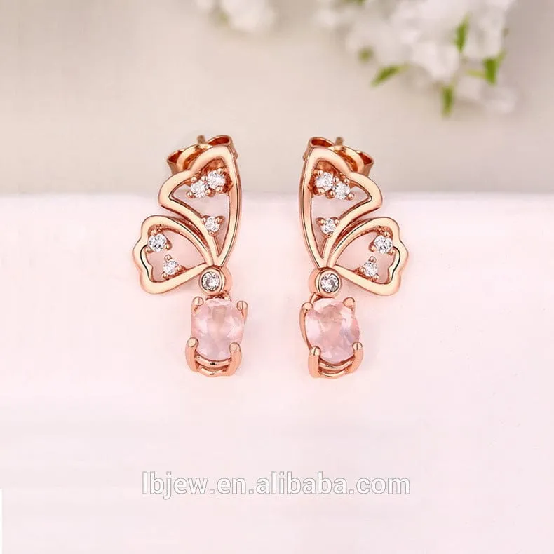 Butterfly Jewelry Sets Rose Quartz in Sterling SIlver, Rose Gold Plated Pink Beautiful