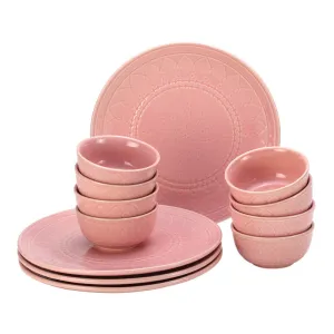 Ceramic Dinner Set | Stoneware | 4 Dinner Plates & 8 Bowl Katori | Light Pink | Set of 12