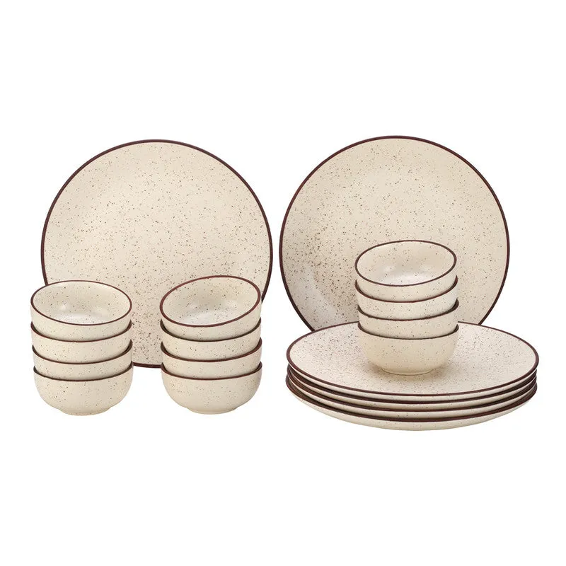 Ceramic Dinner Set | Stoneware | 6 Dinner Plates & 12 Bowl Katori | Beige Speckled | Set of 18