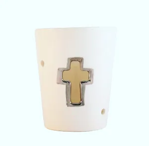 Ceramic tealight platinum silver cross design ivory white