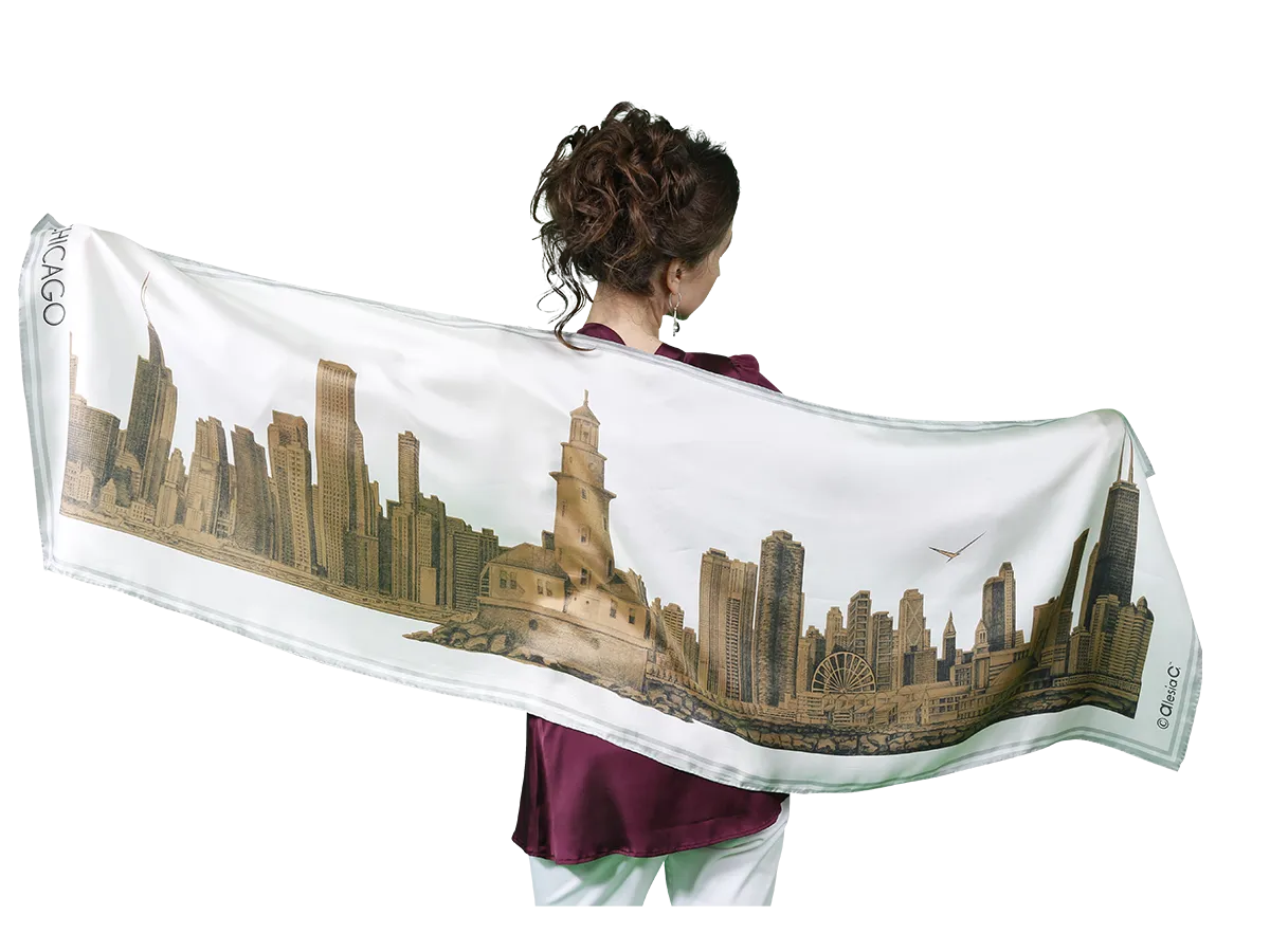 CHICAGO Skyline Art 100% Silk Stole Scarf in Gold White