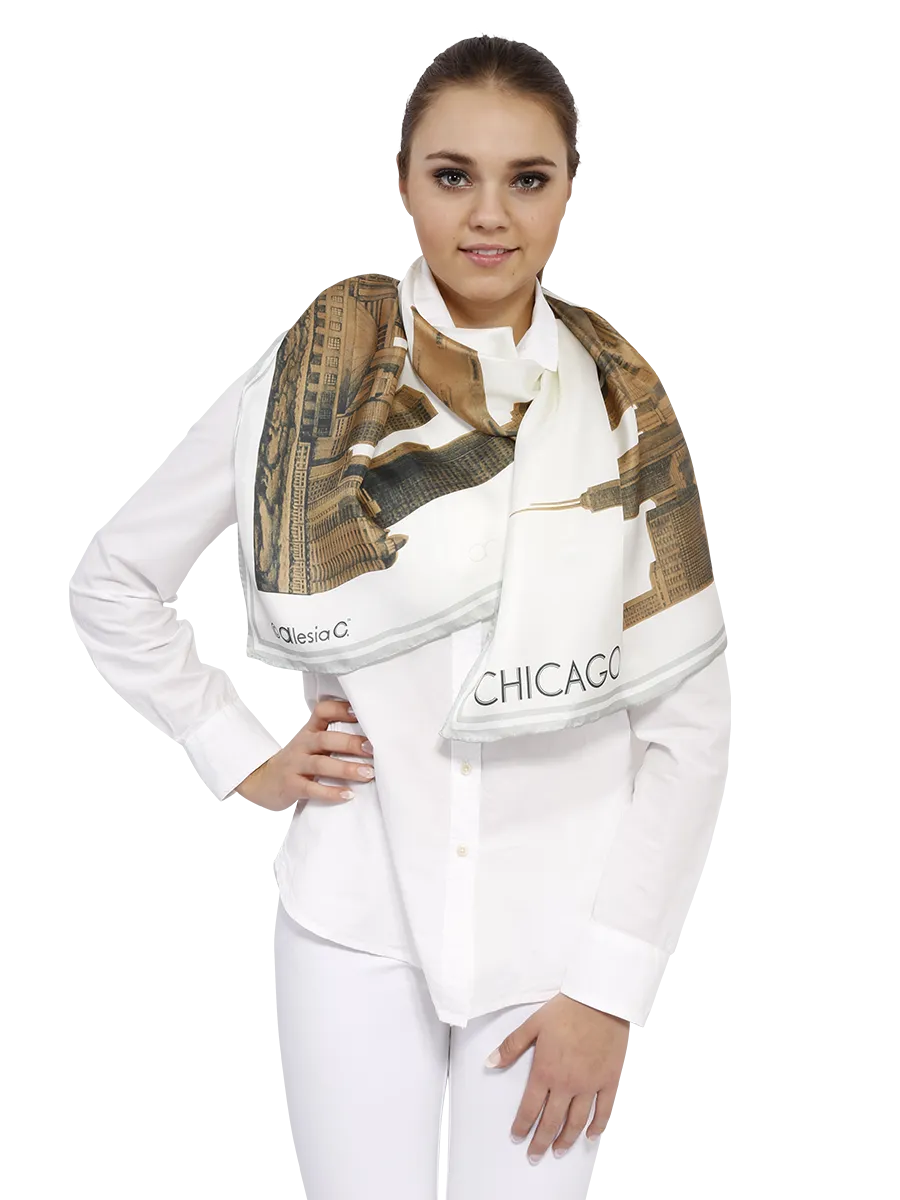 CHICAGO Skyline Art 100% Silk Stole Scarf in Gold White