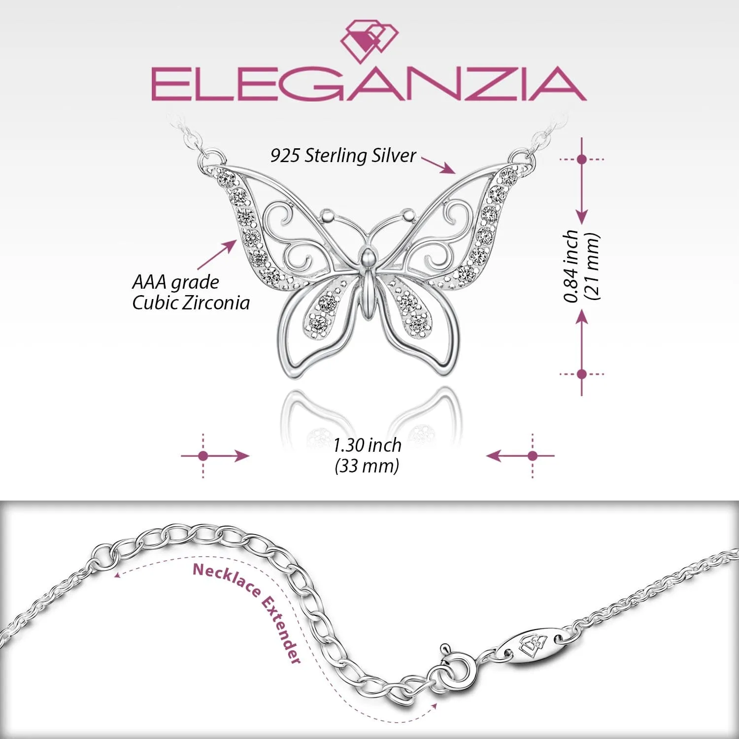 CZ Butterfly Necklace Sterling Silver