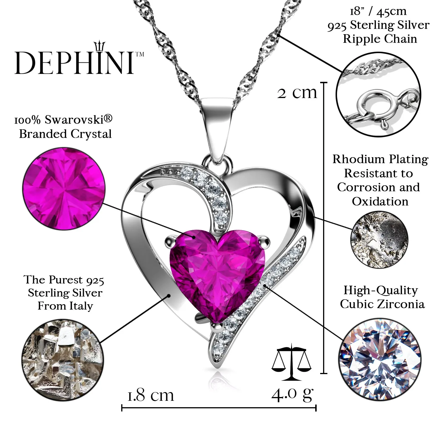 DEPHINI Pink Heart Necklace - 925 Sterling Silver Pendant CZ Crystal