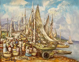 Ernst Louizor (Haitian, 1938-2011) 24"x30" Market Scene By The Port Oil on Canvas Painting #1TC