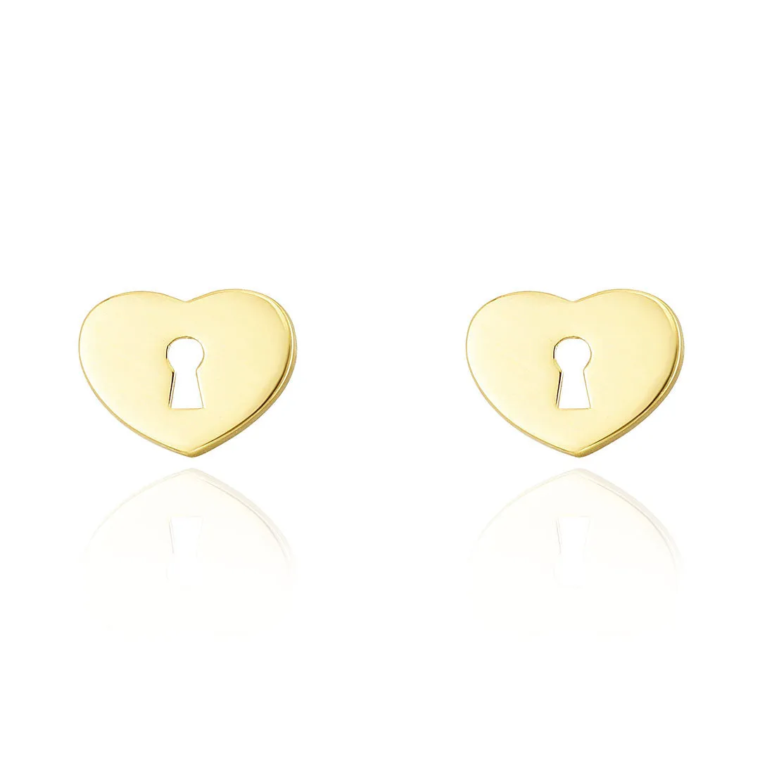 Gold Heart Padlock Stud Earrings