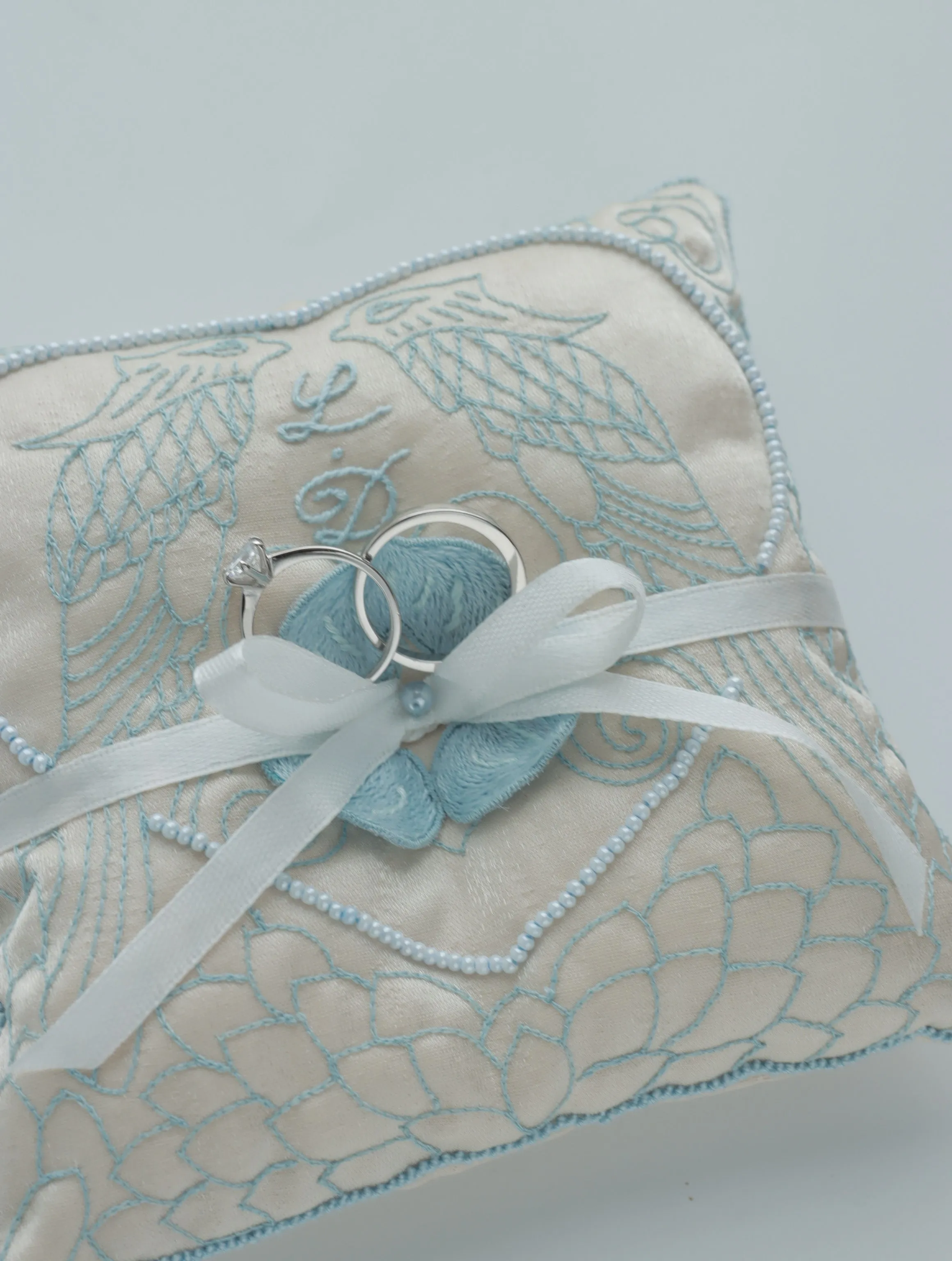 Handmade Wedding Ring Pillow with Birds and Floral Design