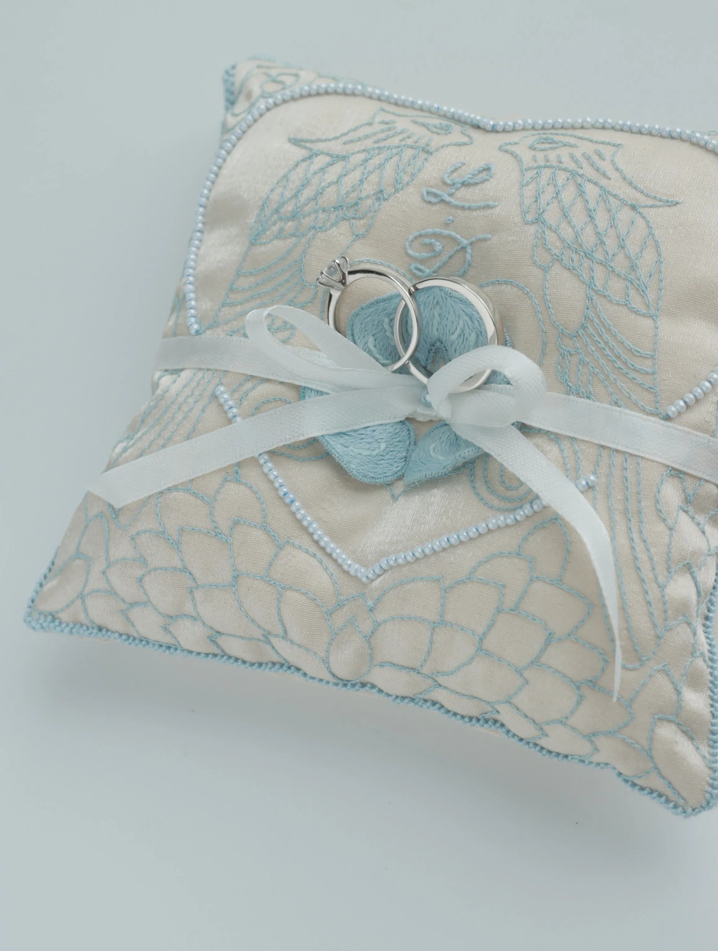 Handmade Wedding Ring Pillow with Birds and Floral Design