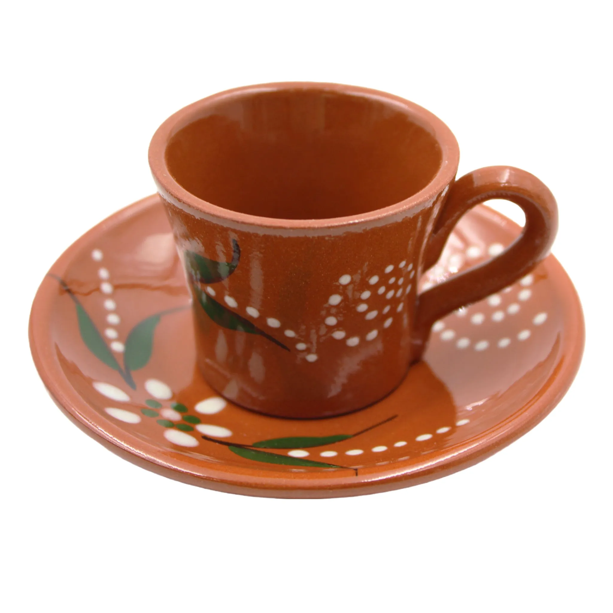 João Vale Hand-Painted Traditional Terracotta Espresso Cup w/ Saucer, Set of 4