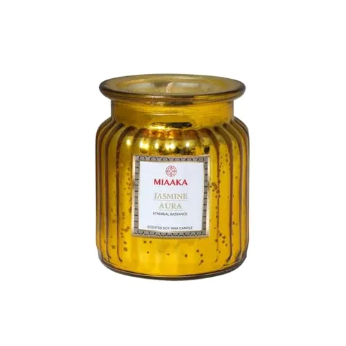 MIAAKA Ethereal Radiance Fluted Glass Jar Hand Poured Scented Candle Jasmine Aura Fragrance 435gm