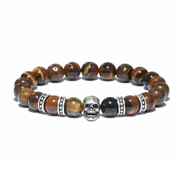 Natural Brown Stone Antique Black Beads Skull Bracelet