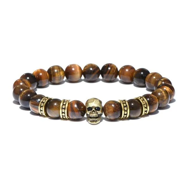 Natural Brown Stone Antique Black Beads Skull Bracelet