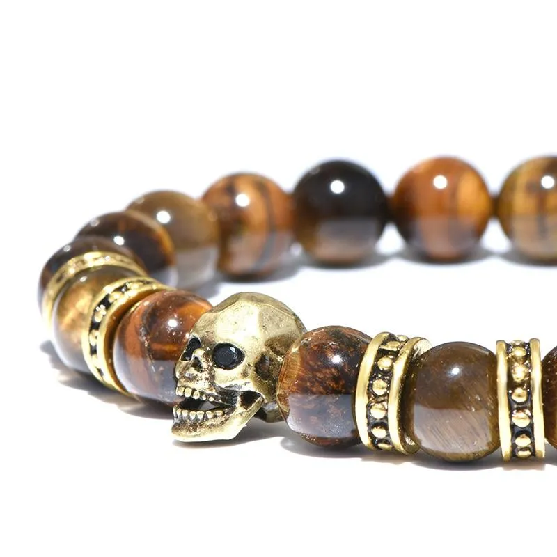 Natural Brown Stone Antique Black Beads Skull Bracelet