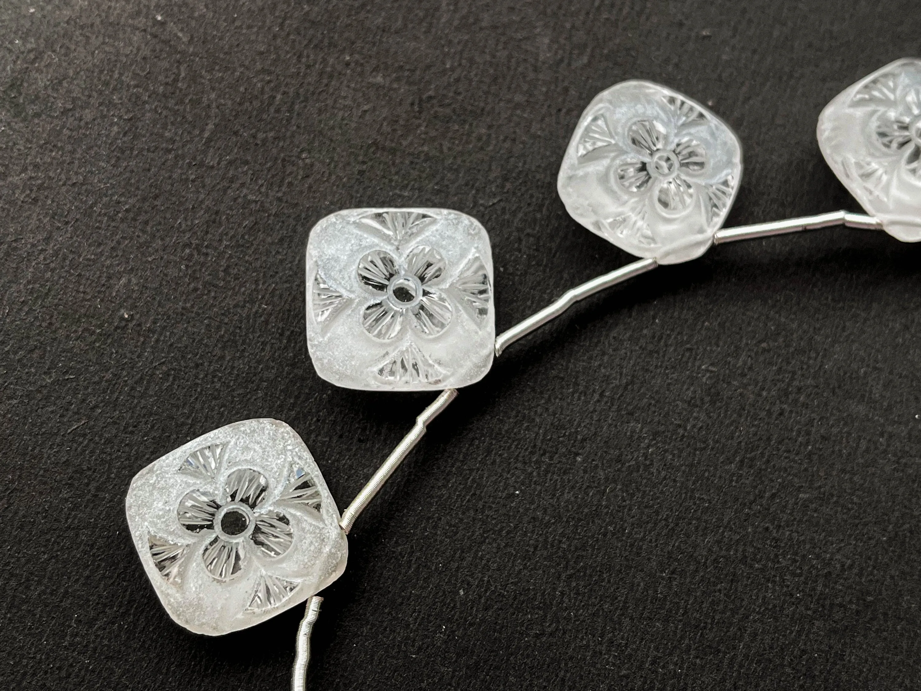 Natural Crystal Flower Carved Frosted Square Shape Beads