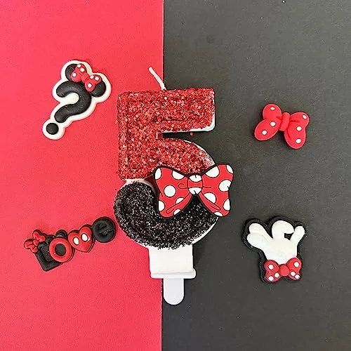 Number 5 Birthday Candle,Red Black Sequin Number Candles with Red Bow 5nd Glitter Cake Candles