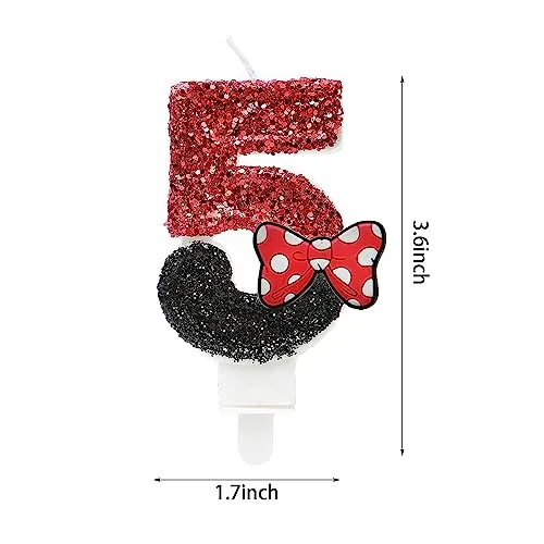 Number 5 Birthday Candle,Red Black Sequin Number Candles with Red Bow 5nd Glitter Cake Candles