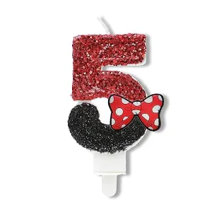 Number 5 Birthday Candle,Red Black Sequin Number Candles with Red Bow 5nd Glitter Cake Candles