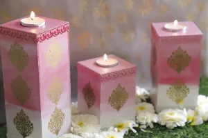 Pink & White' Tealight Candle Holder Pillar Set of 3