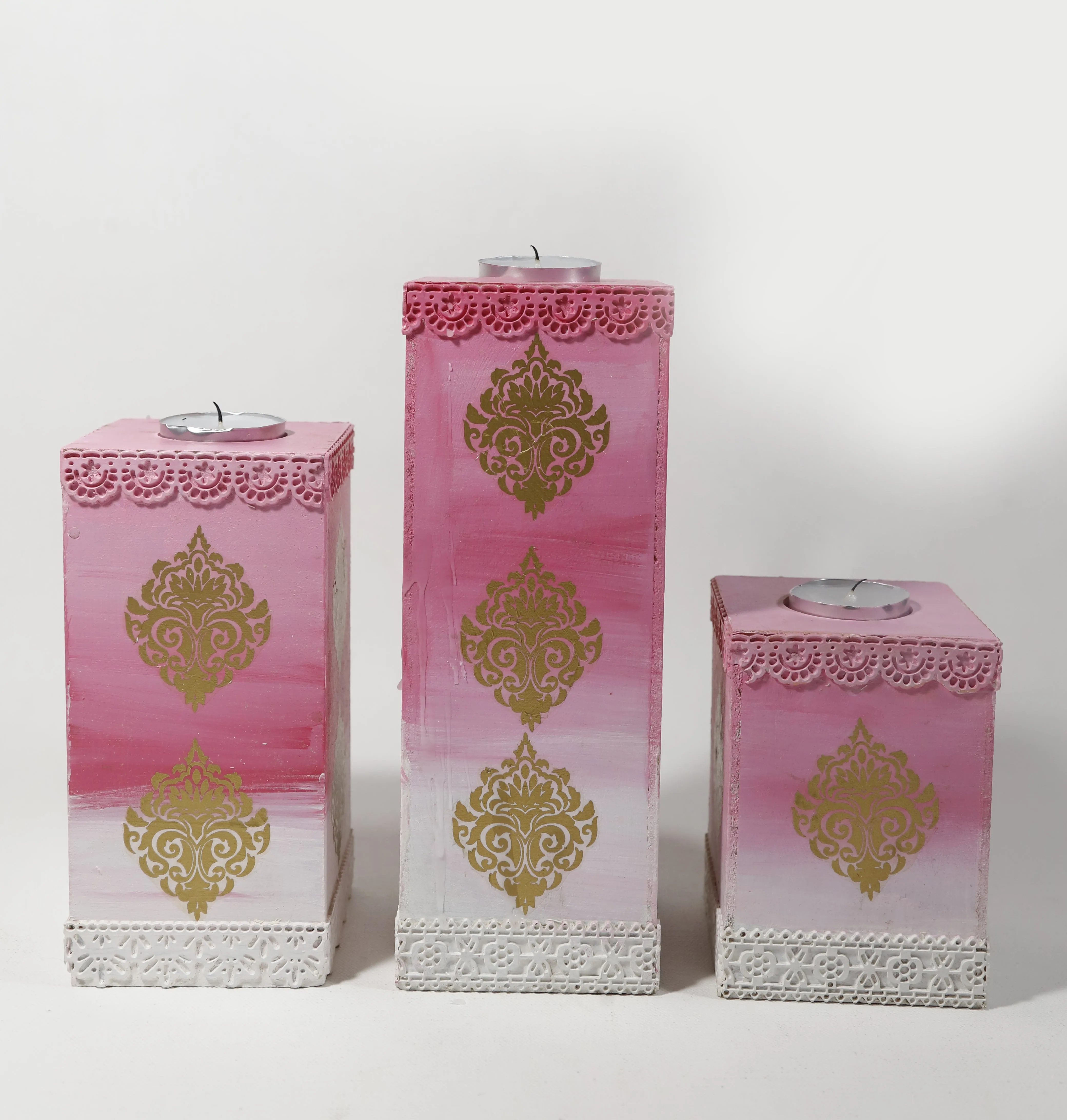 Pink & White' Tealight Candle Holder Pillar Set of 3