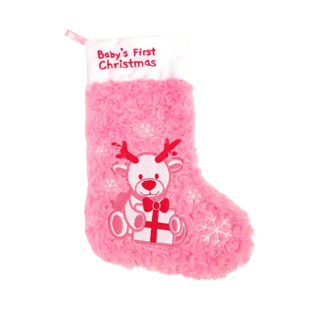 Pink Babys First Christmas Stocking and Hat Set