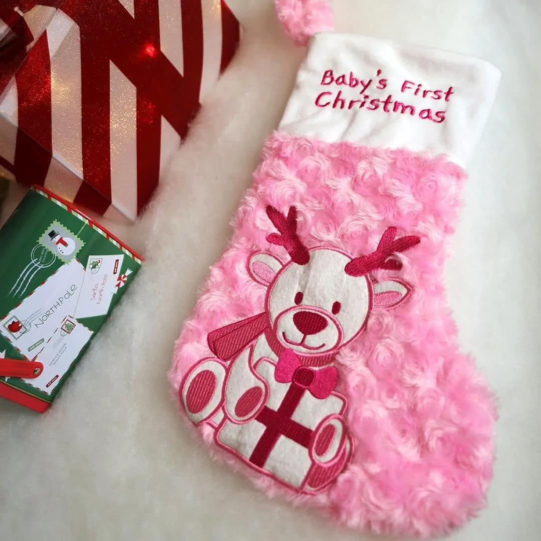 Pink Babys First Christmas Stocking and Hat Set