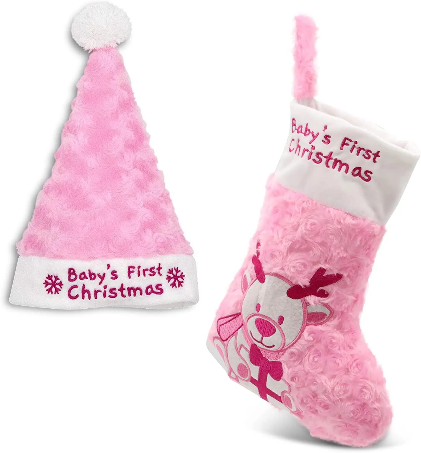 Pink Babys First Christmas Stocking and Hat Set