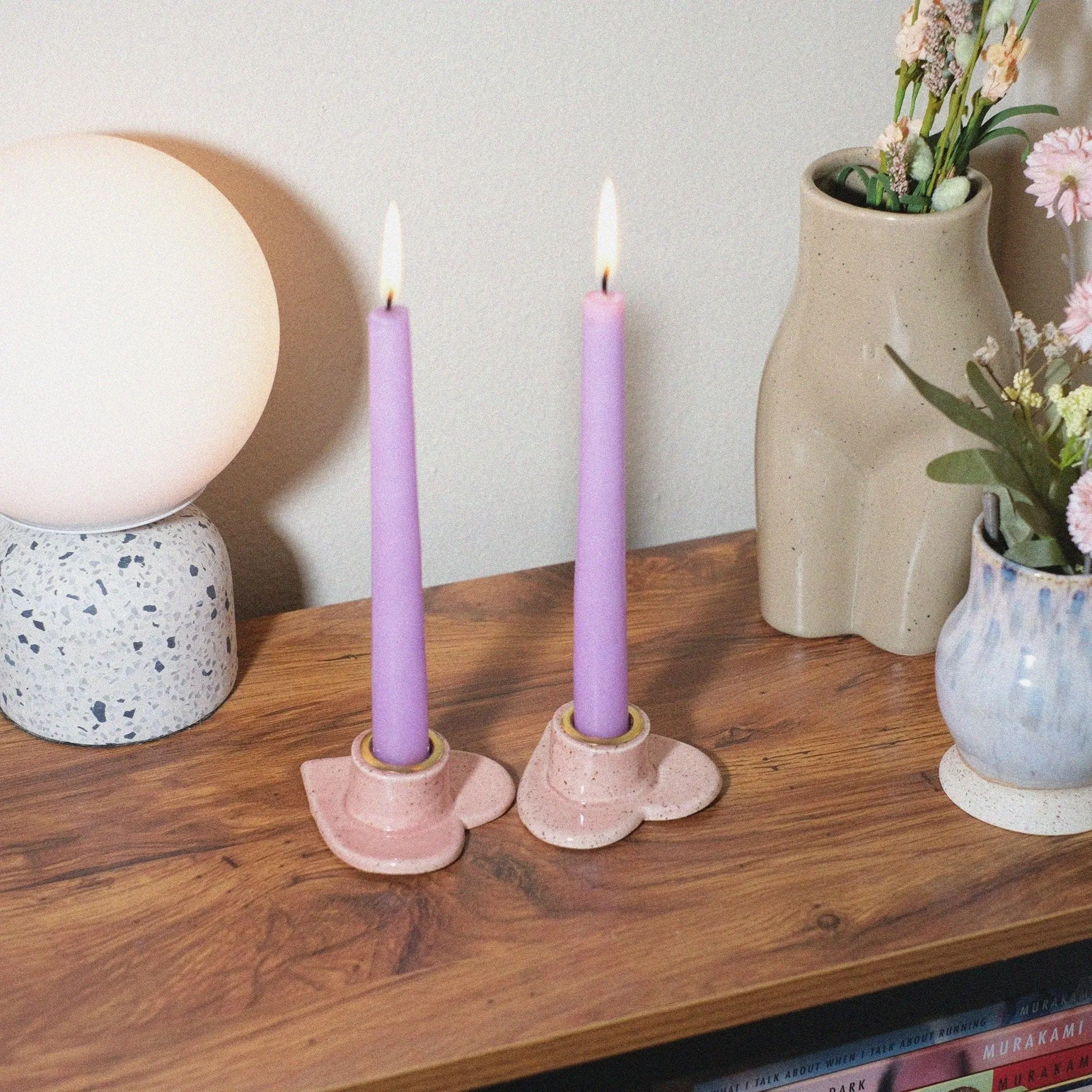 Pink speckled heart shaped candle holder set