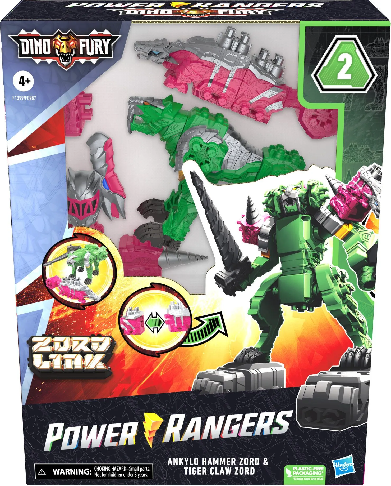 Power Rangers Dino Fury Pink Ankylo Hammer Zord & Green Tiger Claw Zord