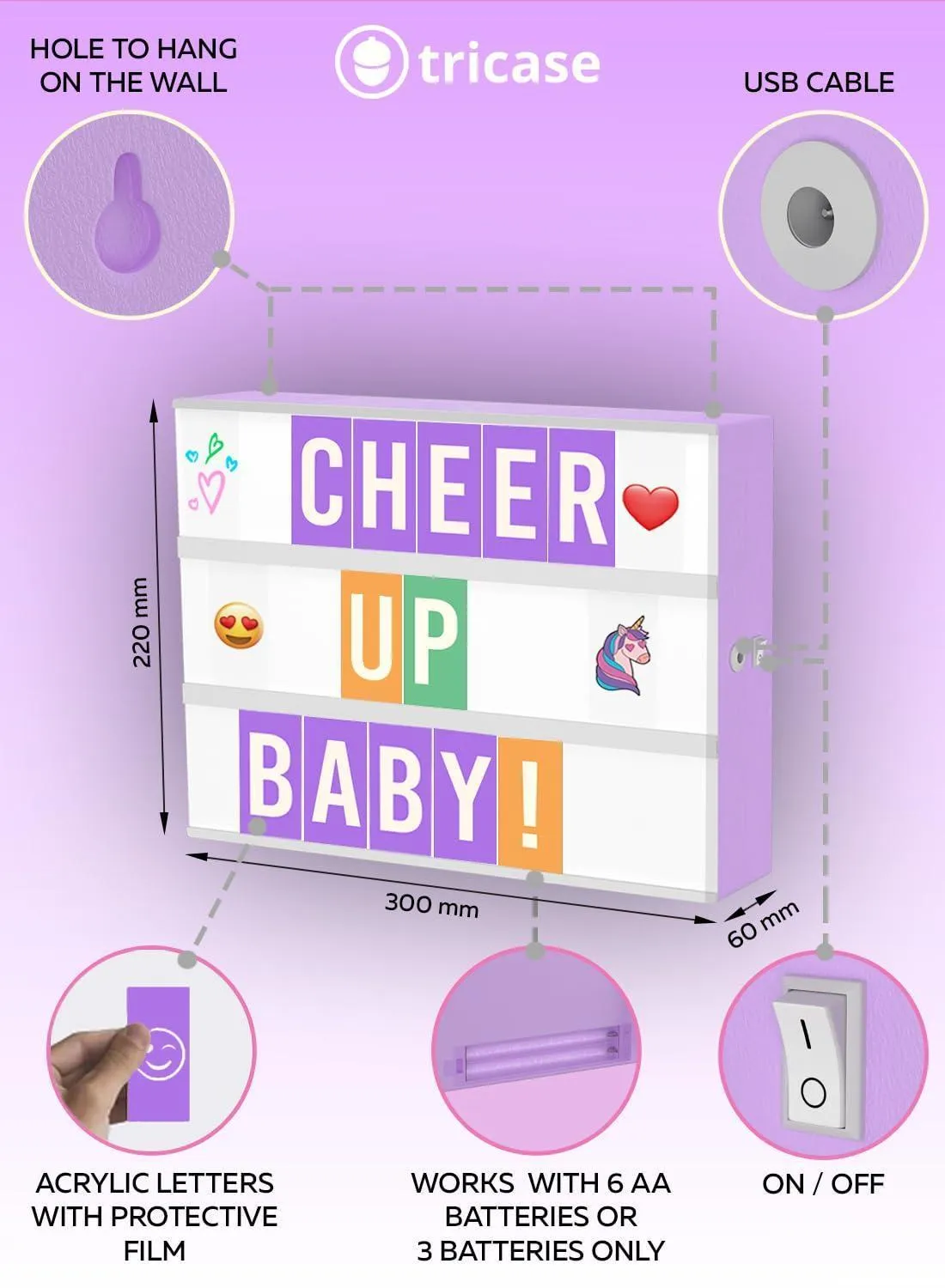 Purple Cinema Light Box with 312 Letters Emojis 3 Markers Led Light Box Sign