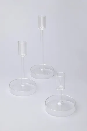 Set Of Three Scandi Clear Glass Classic Dinner Candlesticks Taper Church Candle Holders