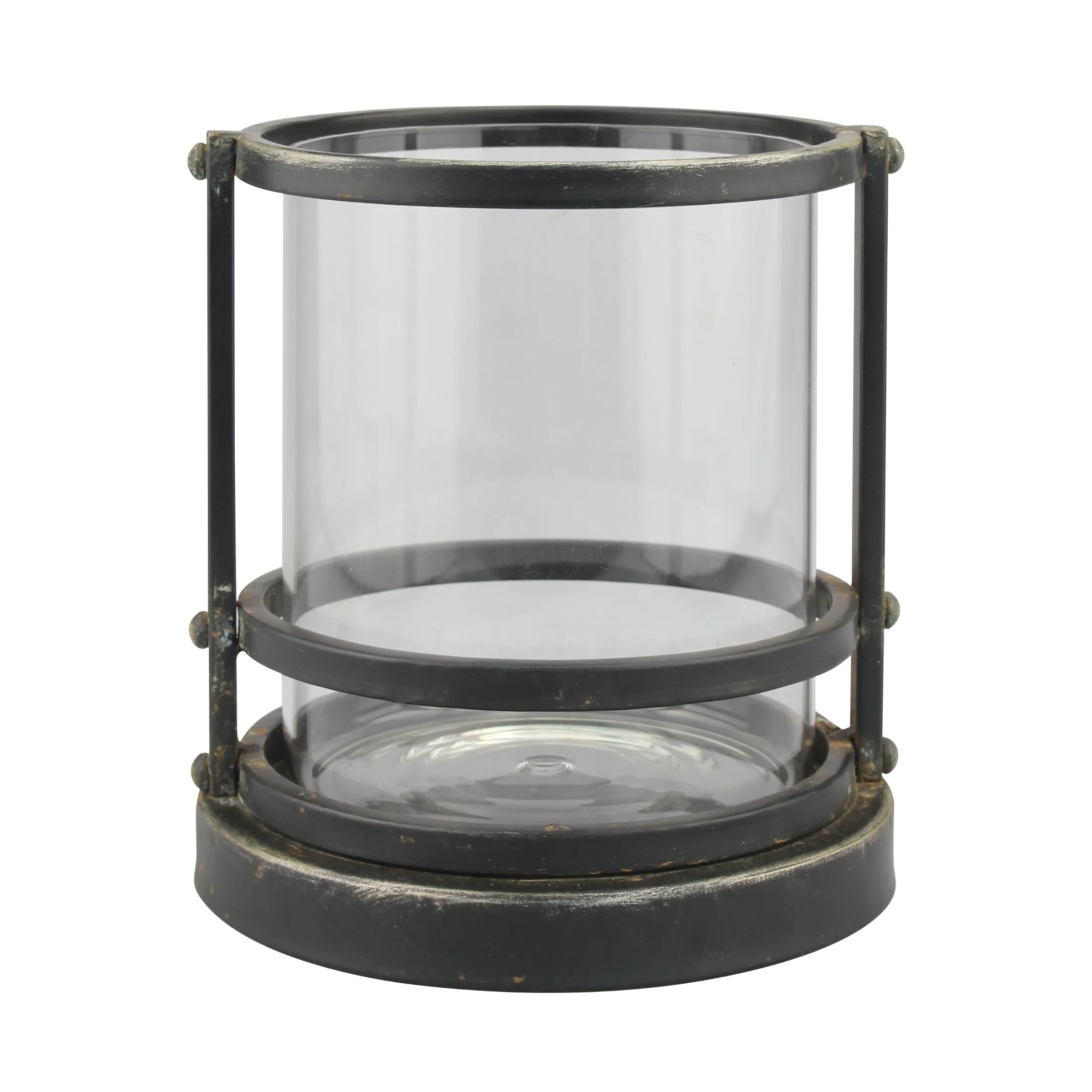 Small Black Metal Pillar Candle Holder - Glass Hurricane (WS)