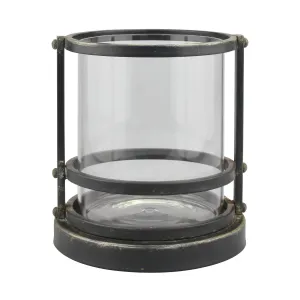 Small Black Metal Pillar Candle Holder - Glass Hurricane (WS)