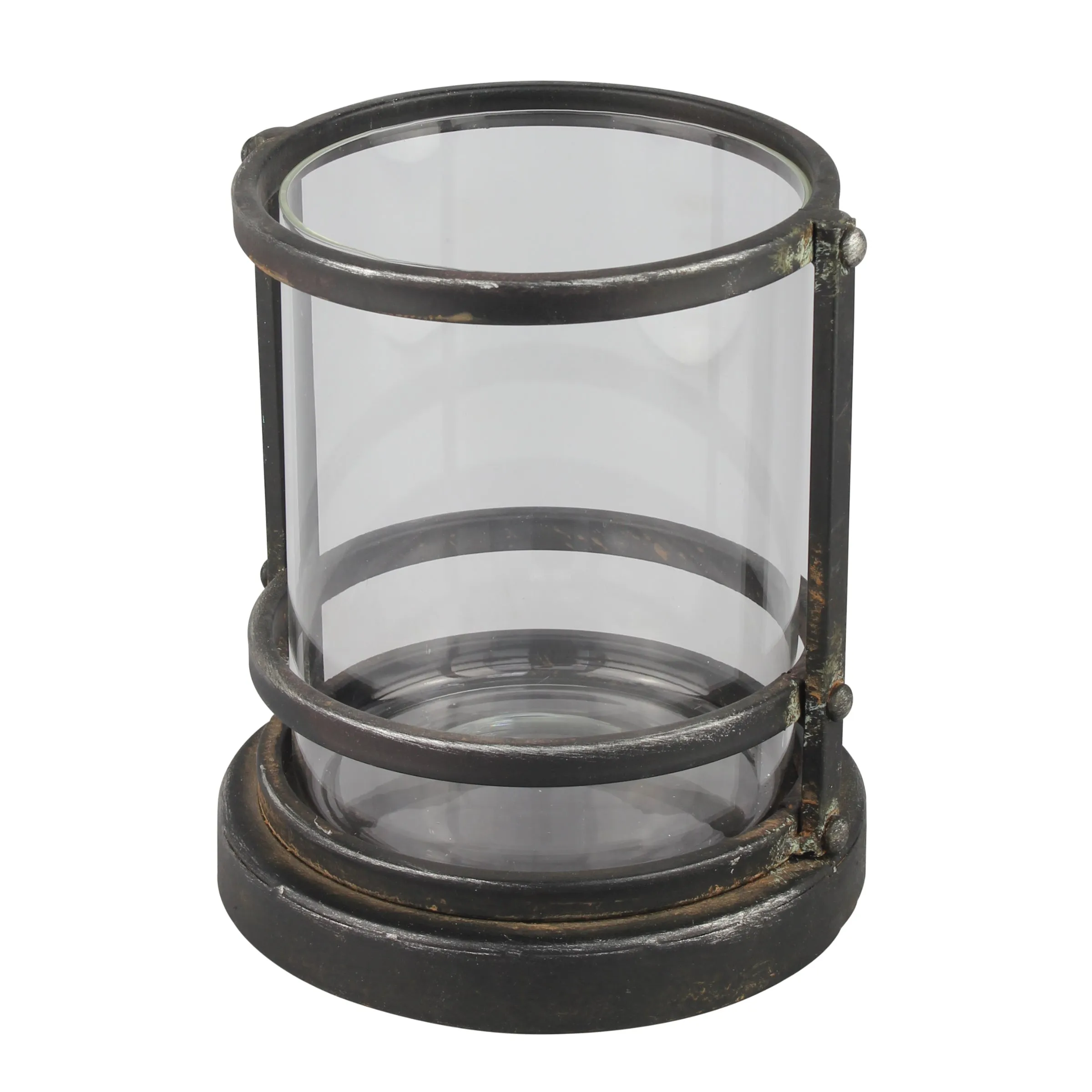 Small Black Metal Pillar Candle Holder - Glass Hurricane (WS)