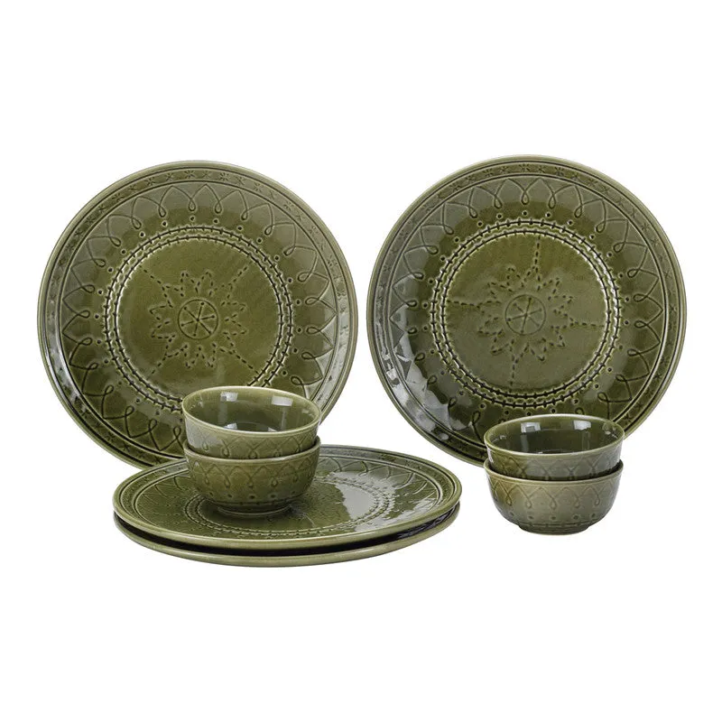 Stoneware Ceramic Dinner Set | 4 Dinner Plates & 4 Bowl Katori | Moss Green | Set of 8