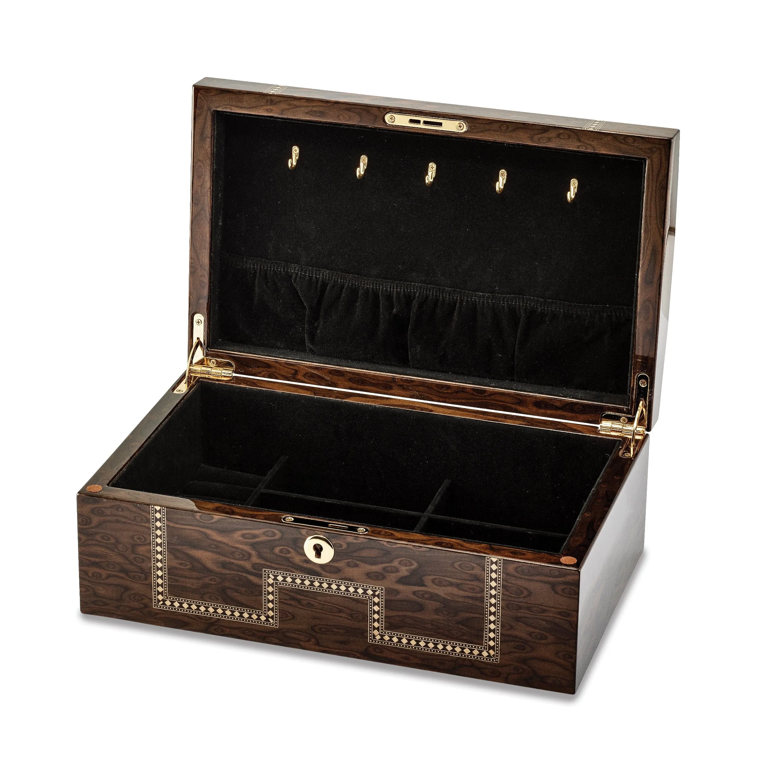 Tiger Eye Veneer Inlay Locking Jewelry Chest