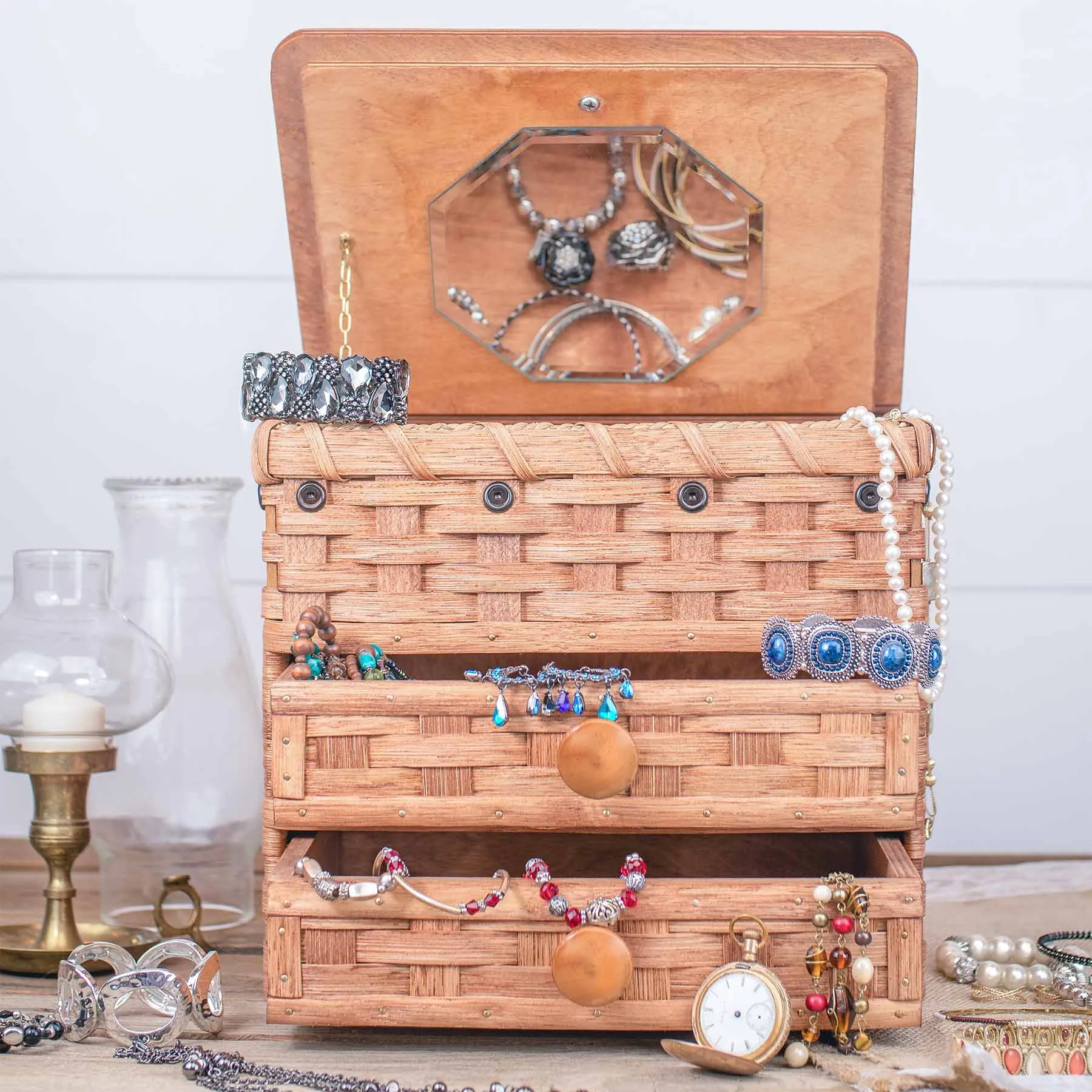 Vintage Jewelry Box | Amish Woven Wooden Storage w/Drawers