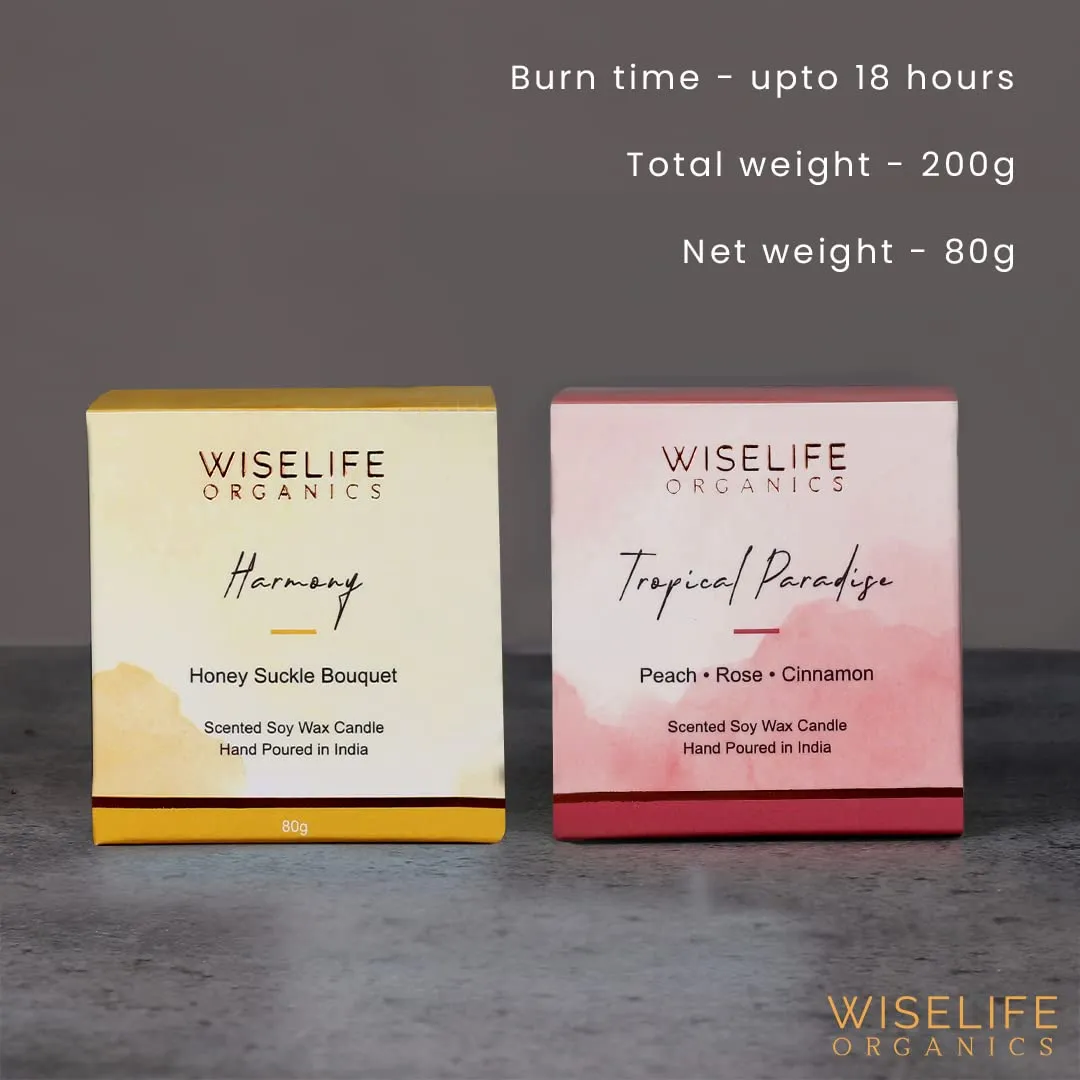 WiseLife Organics Scented Candle Gift | Smokeless Premium Soy Wax, Cotton Wick and Premium Glass Jar | Luxury Gift Pack | Burn Time Upto 18 Hours | 80 Grams Wax (set of 2, Tropical Paradise   Harmony)